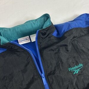 Vintage 90s Reebok Blue Black Teal Nylon Windbreaker Zip Track‎ Jacket Large